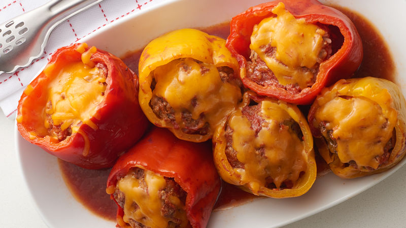 Slow-cooker stuffed peppers on a platter.