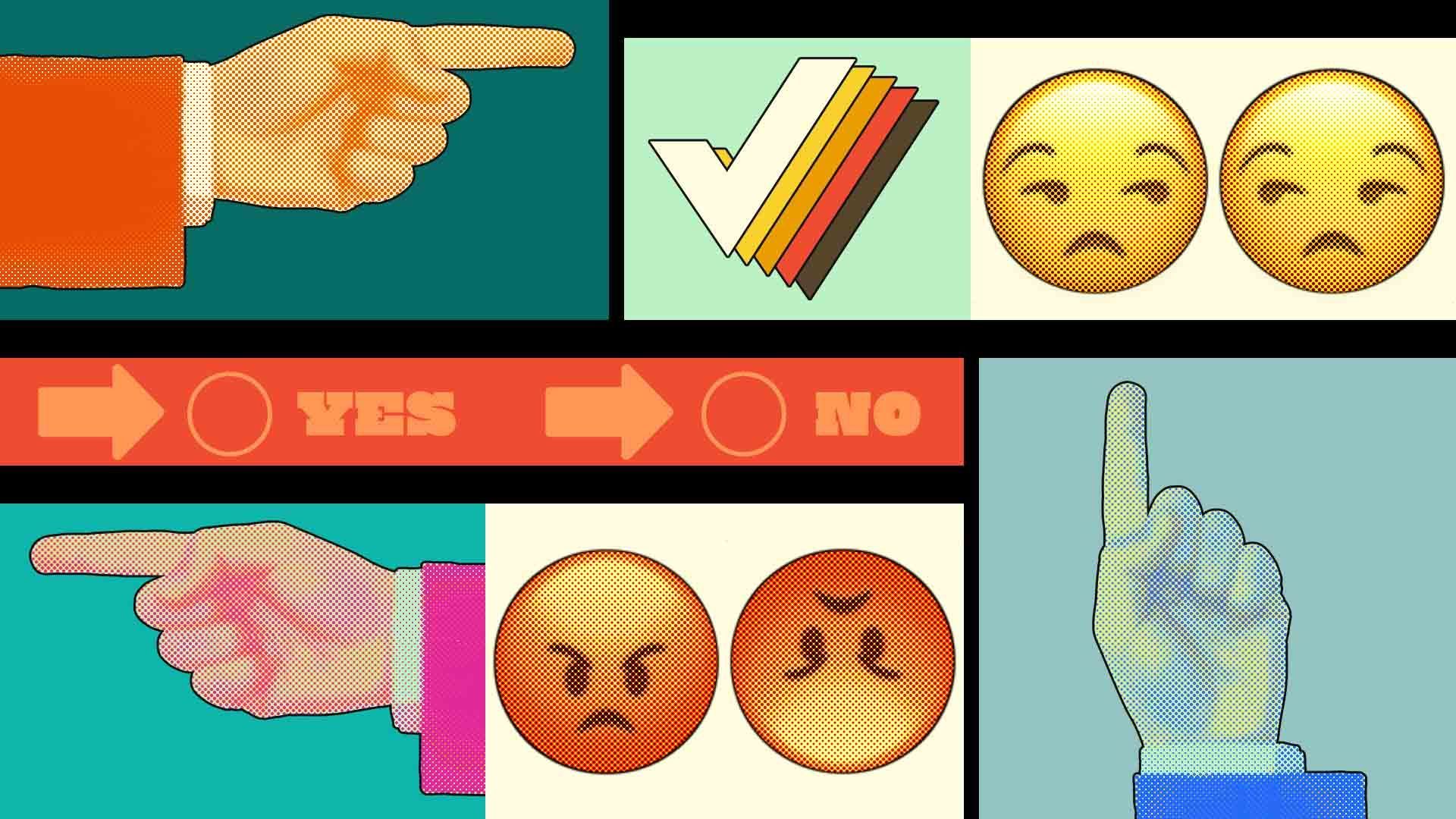 Illustration of hands pointing, checkmarks, ballot imagery, and unamused and angry emojis 