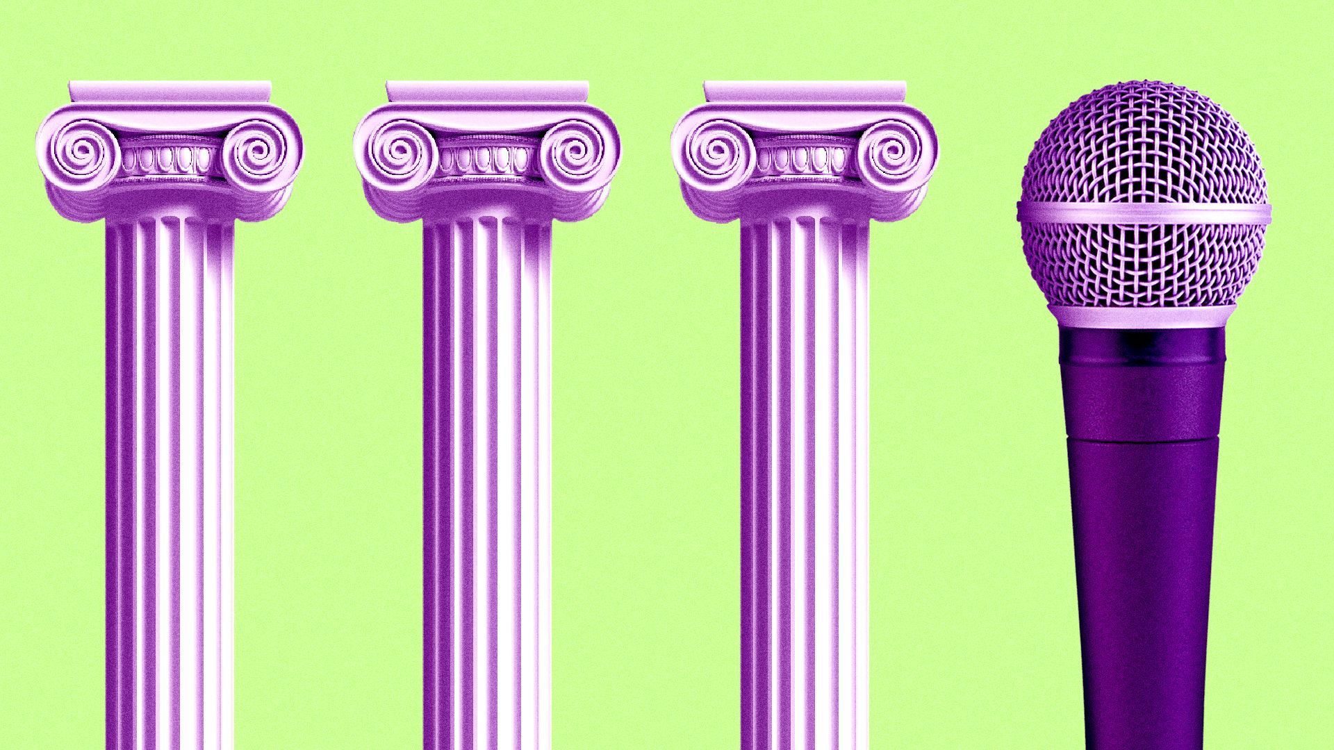 Illustration of three columns with a microphone.