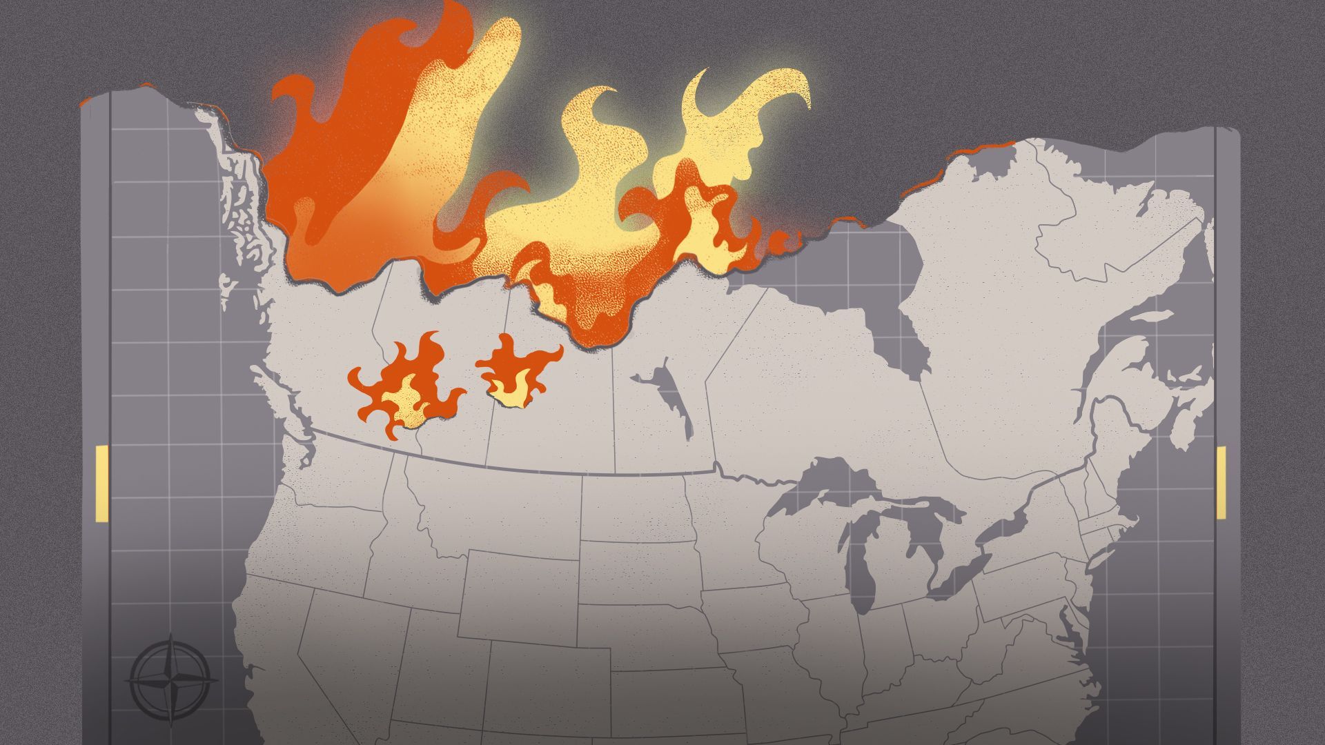 Illustration of a map of North America with Canada on fire.