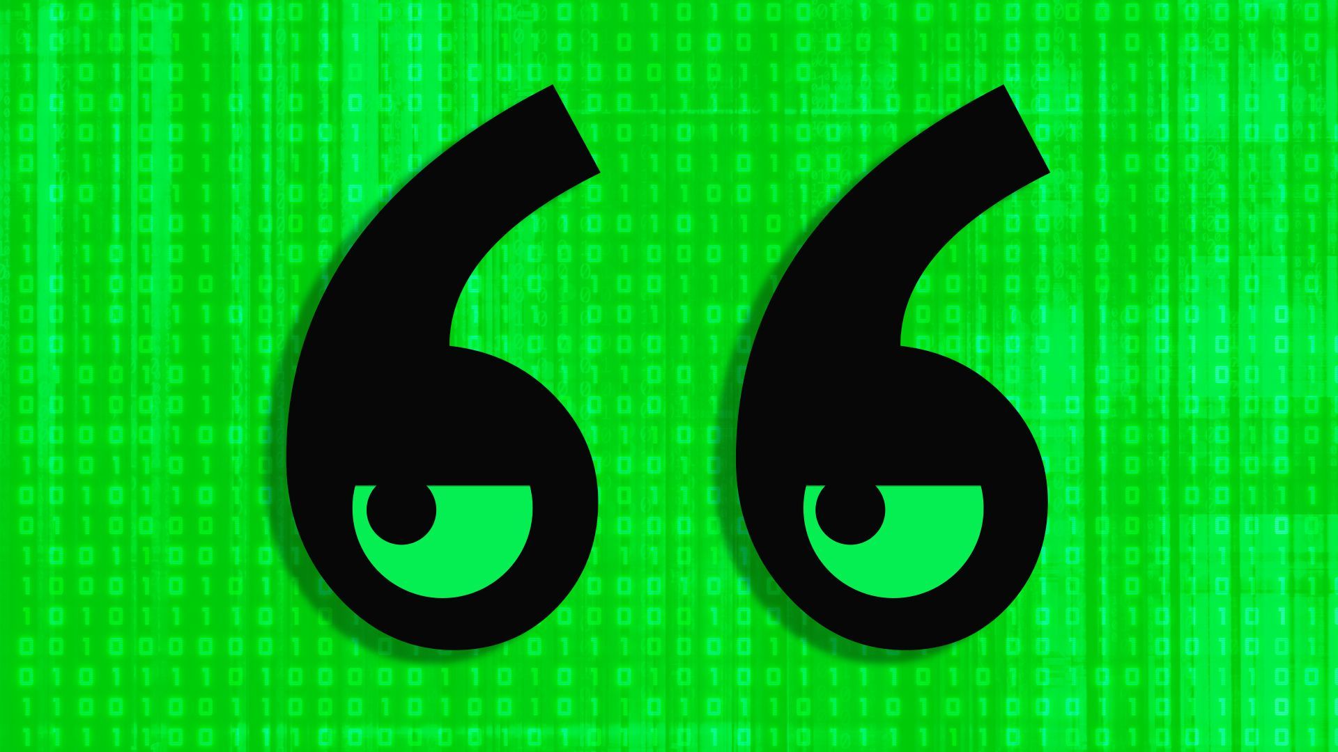 Illustration of a pair of quotation marks in the form of half-lidded side-looking eyes over a background of binary code
