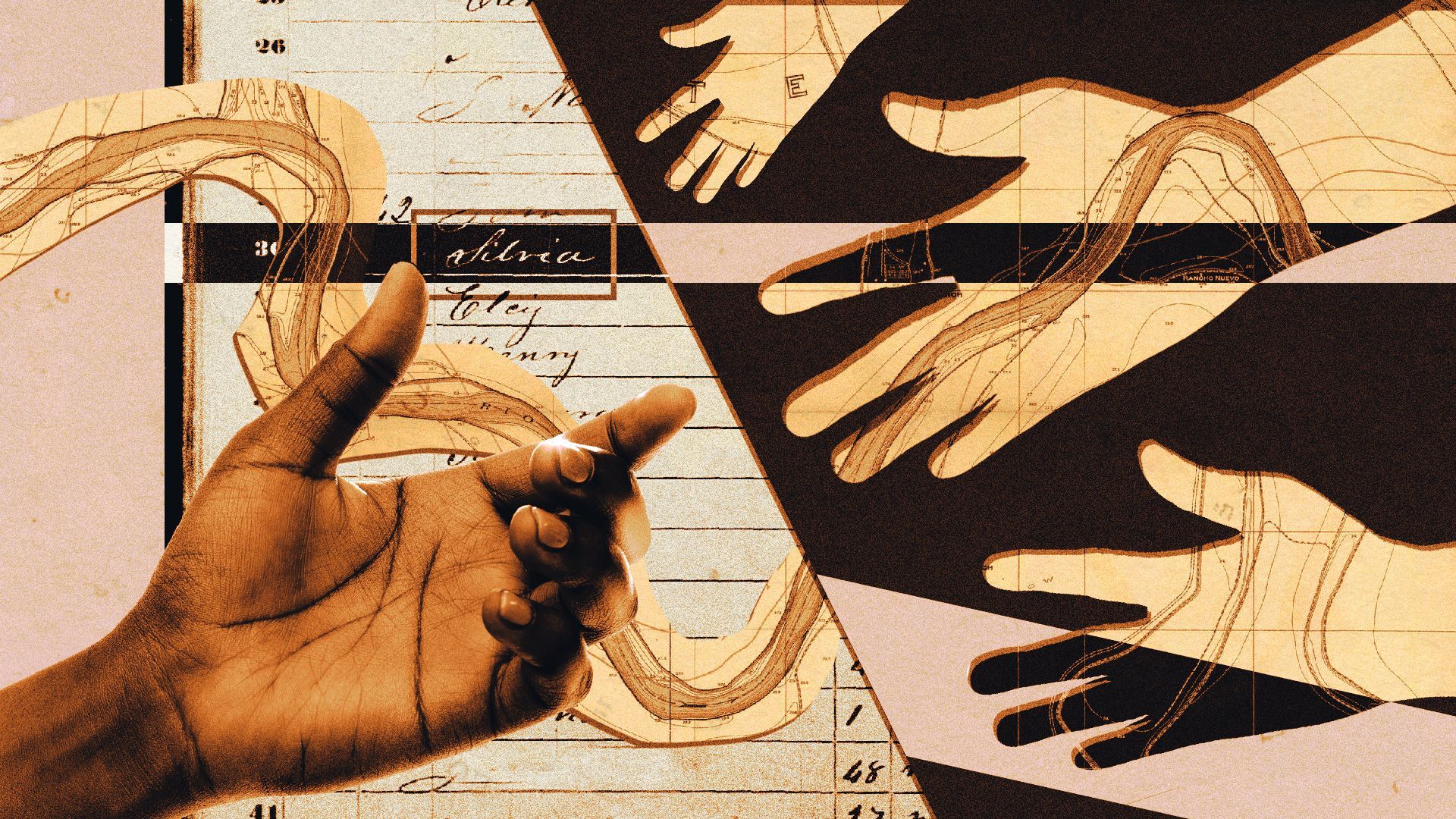 Photo illustration of a Black person's hand reaching towards silhouettes of hands, across a map of the Rio Grande and a ledger with the name 