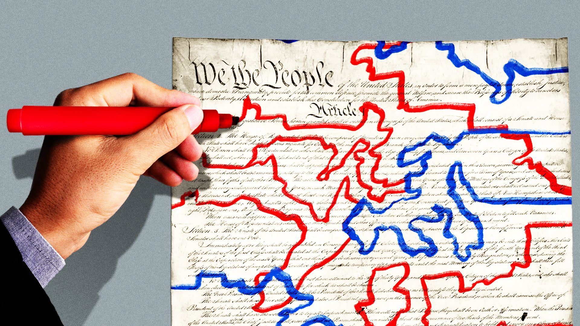Illustration of the US Constitution being gerrymandered. 