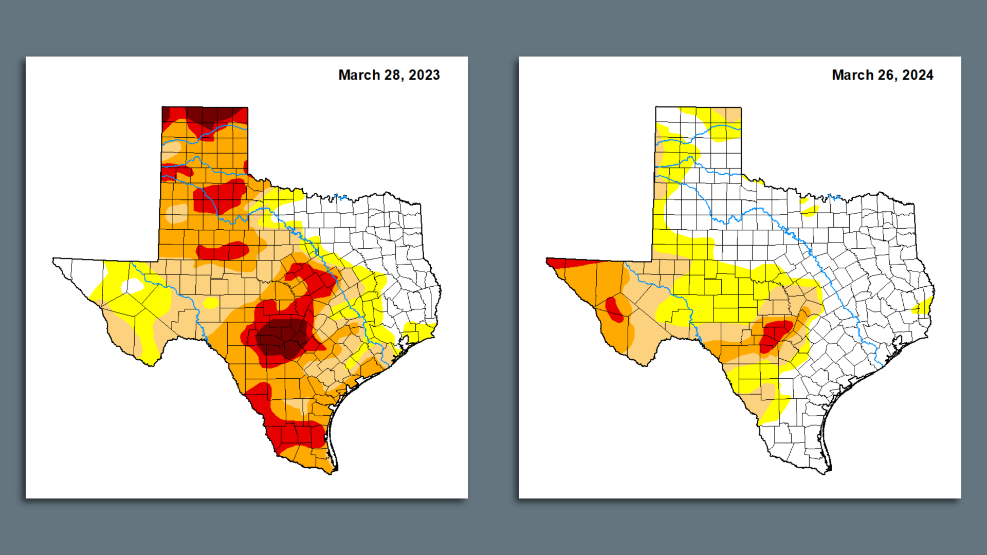 Side-by-side comparisons of drought, showing improvements this year compared to last year.