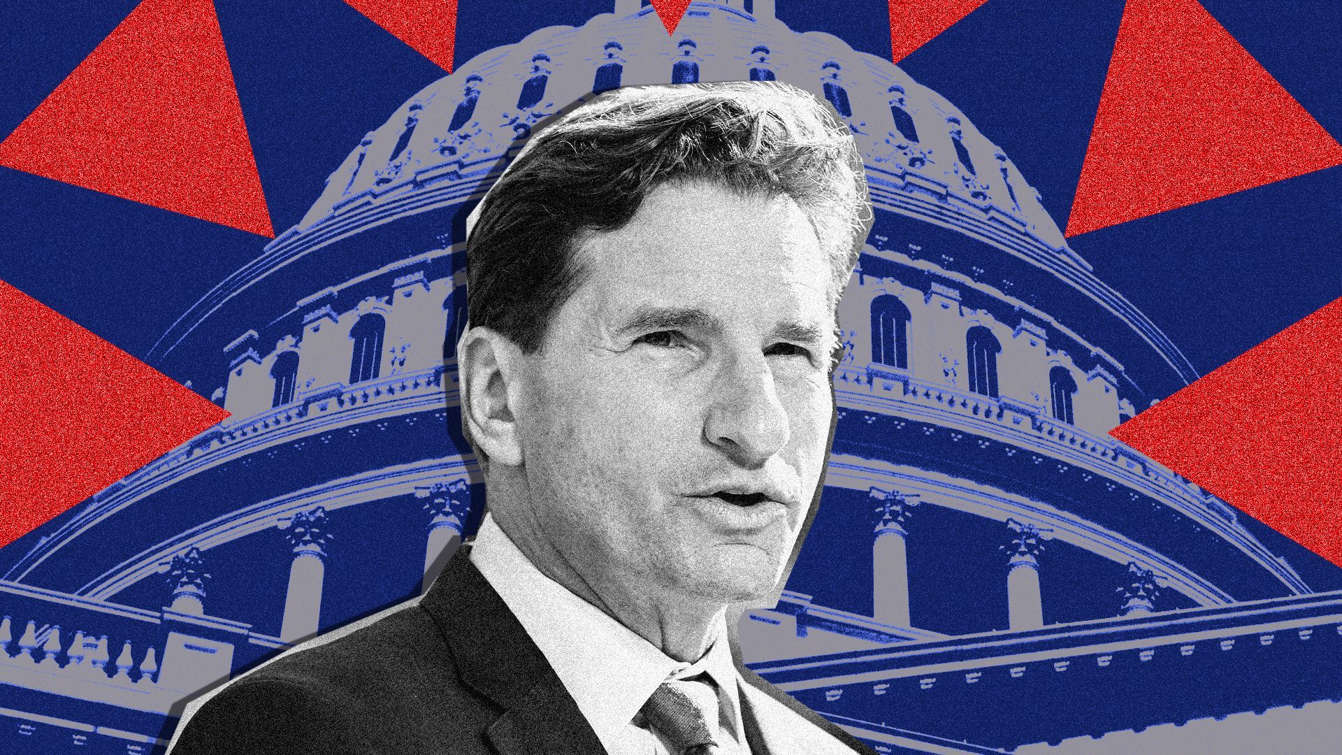 Photo illustration of U.S. Rep. Dean Phillips in front of the Capitol Building, surrounded by triangles pointing towards him.
