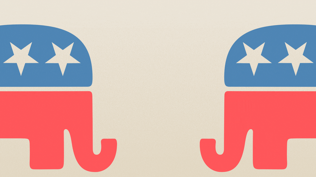 Illustration of two Republican elephant logos butting heads, with the one on the right getting smaller after every impact.