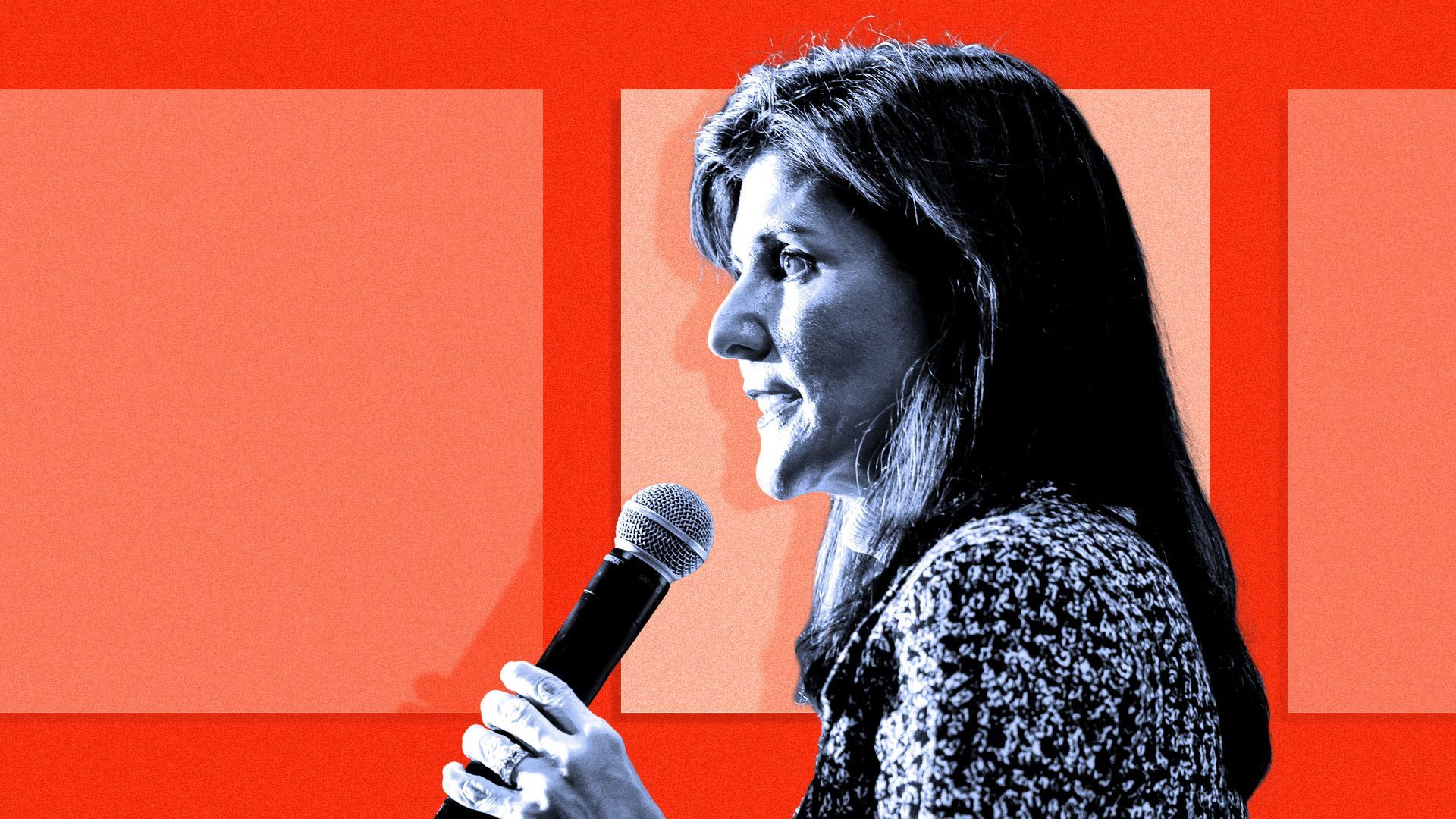 Photo illustration of Nikki Haley against three squares in the background