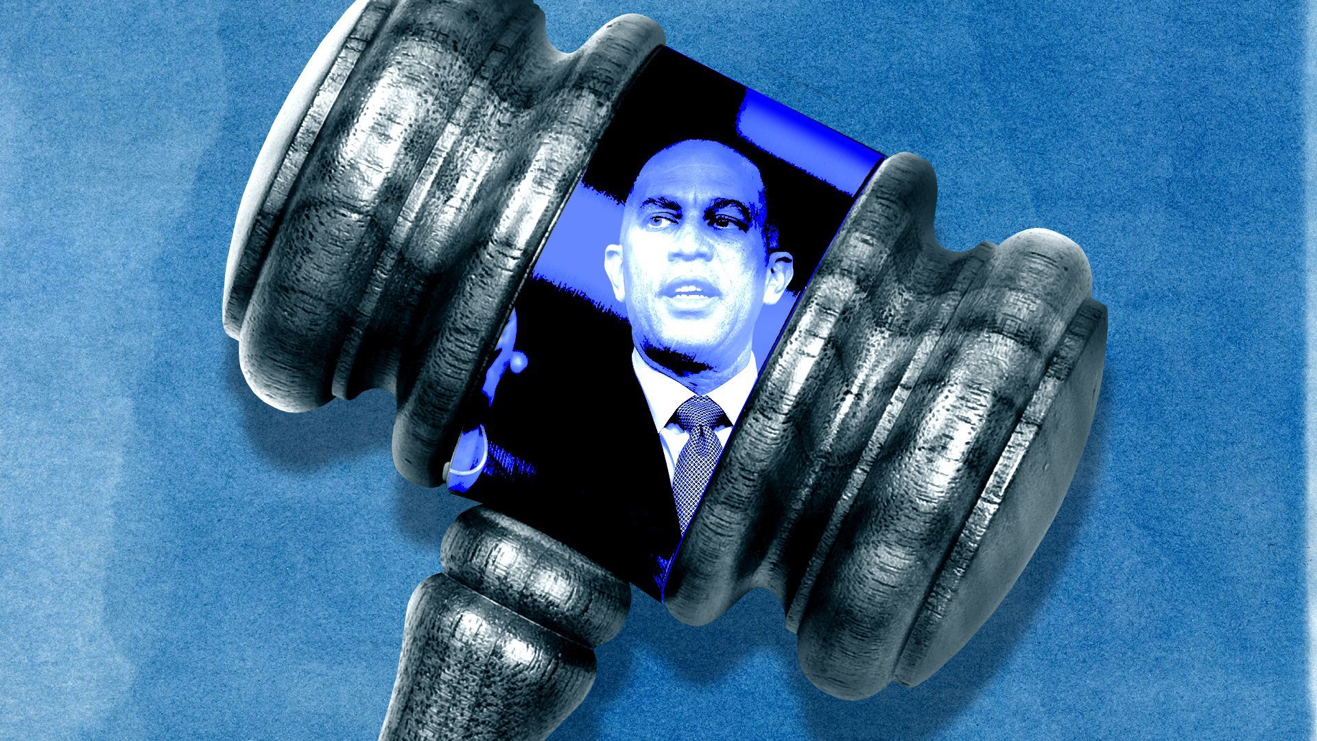 Photo illustration of Hakeem Jeffries reflected in a gavel's metal sleeve.