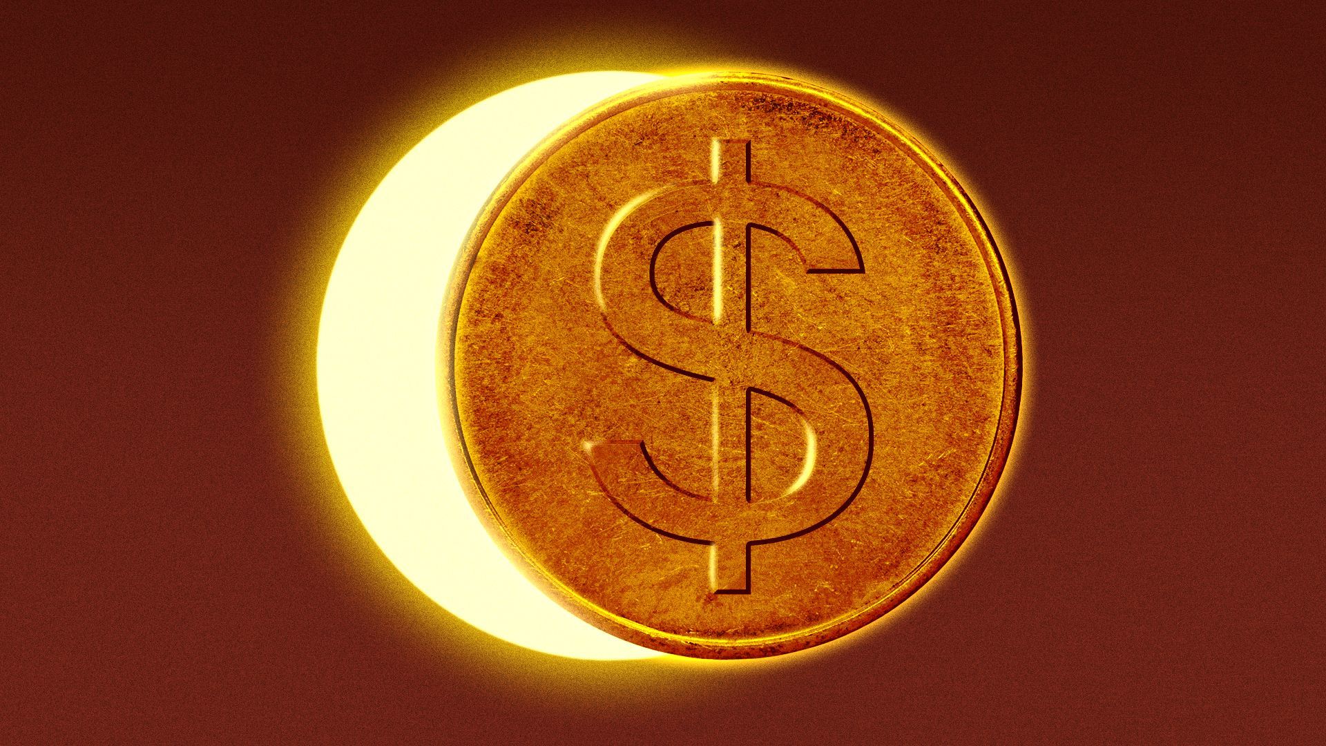 Illustration of a giant coin blocking out the sun.