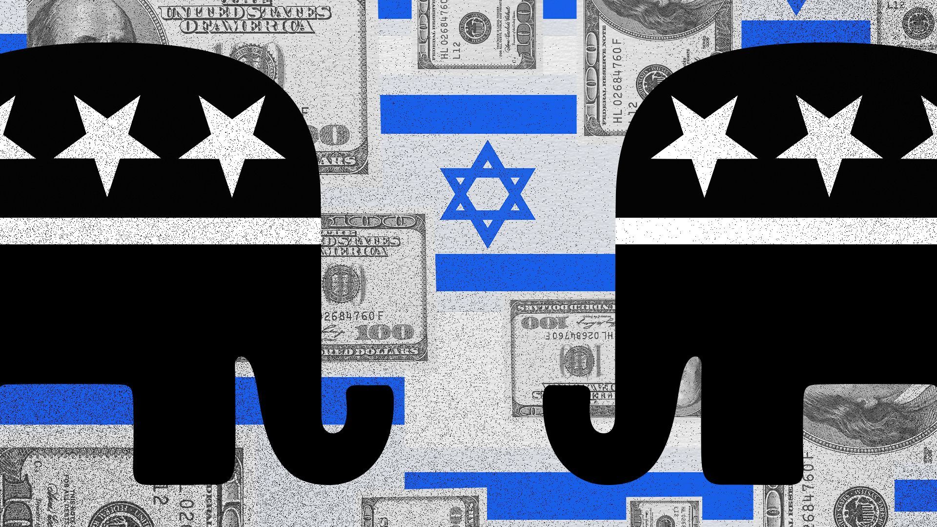 Illustration collage of two republican elephant symbols facing each other in front of a pattern of Israel flags and U.S. one hundred dollar bills.