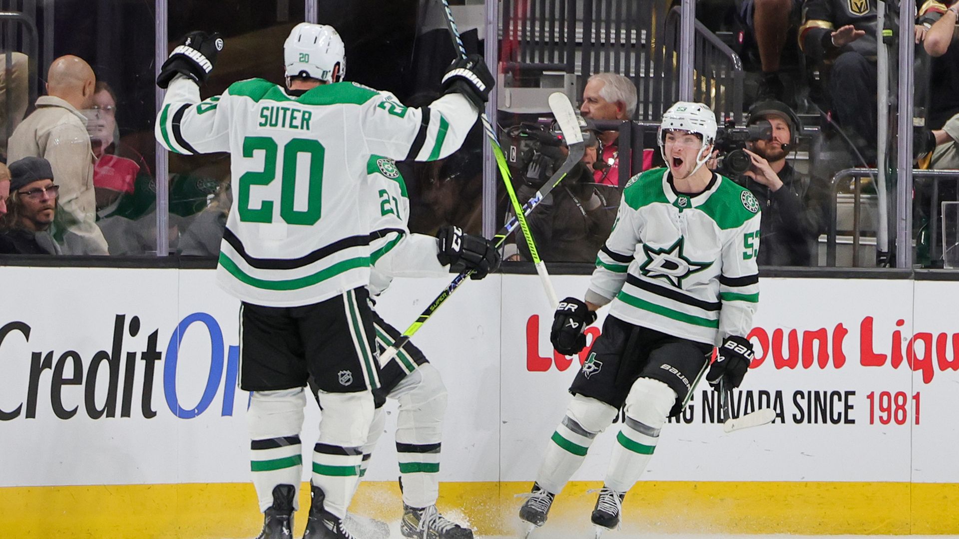 The Dallas Stars celebrate on the ice after an overtime win over the Vegas Golden Knights