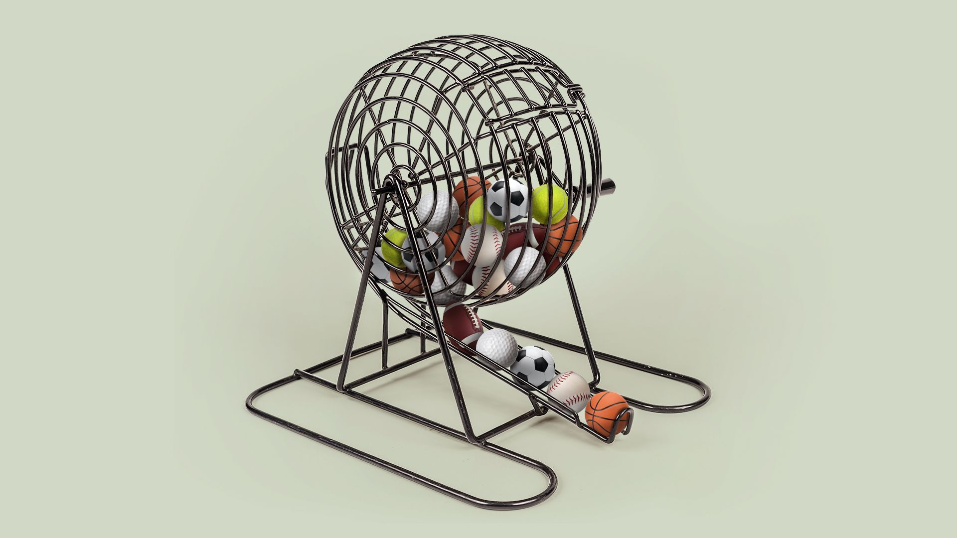 Illustration of a metal bingo ball cage full of small basketballs, baseballs, tennis balls, and footballs