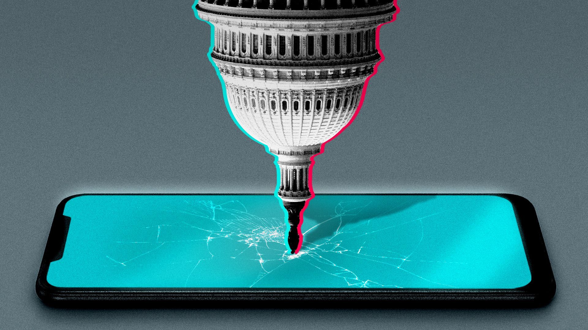 Illustration of the US Capitol dome piercing a smart phone. The Capitol has pink and blue strokes in the colors and style of TikTok's logo.