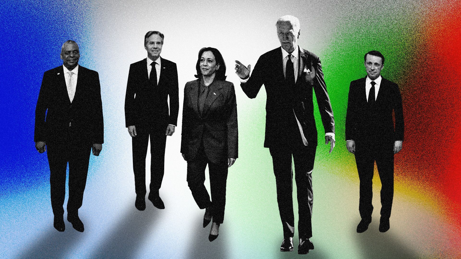 Photo illustration of Lloyd Austin, Tony Blinken, Kamala Harris, President Biden, and Jake Sullivan in front of a hazy, colorful background with the colors of the Israel and Palestinian flags.
