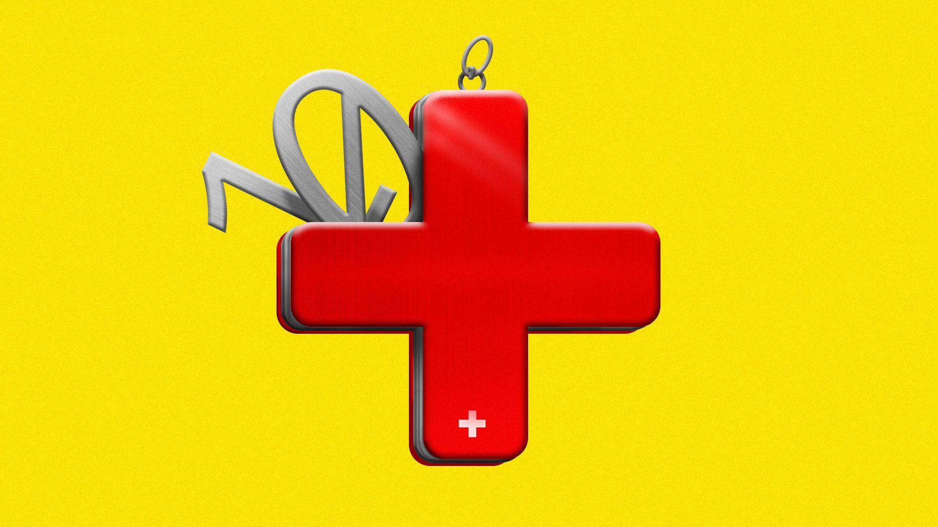 Illustration of a Swiss Army knife in the shape of a red cross with a metal one and zero