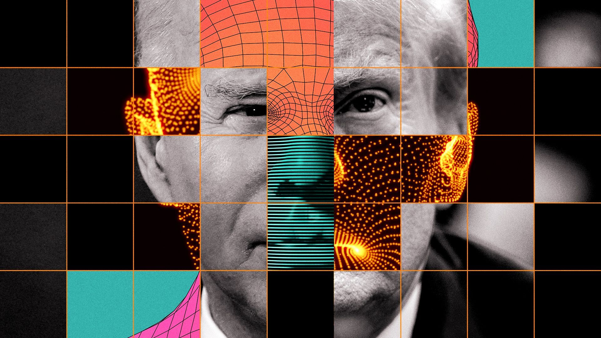 Photo illustration of a grid of images laid out to form one human face, comprising of smaller squares of both Biden and Trump's features, as well as wireframe and gridded illustrated forms of an electronically depicted face.