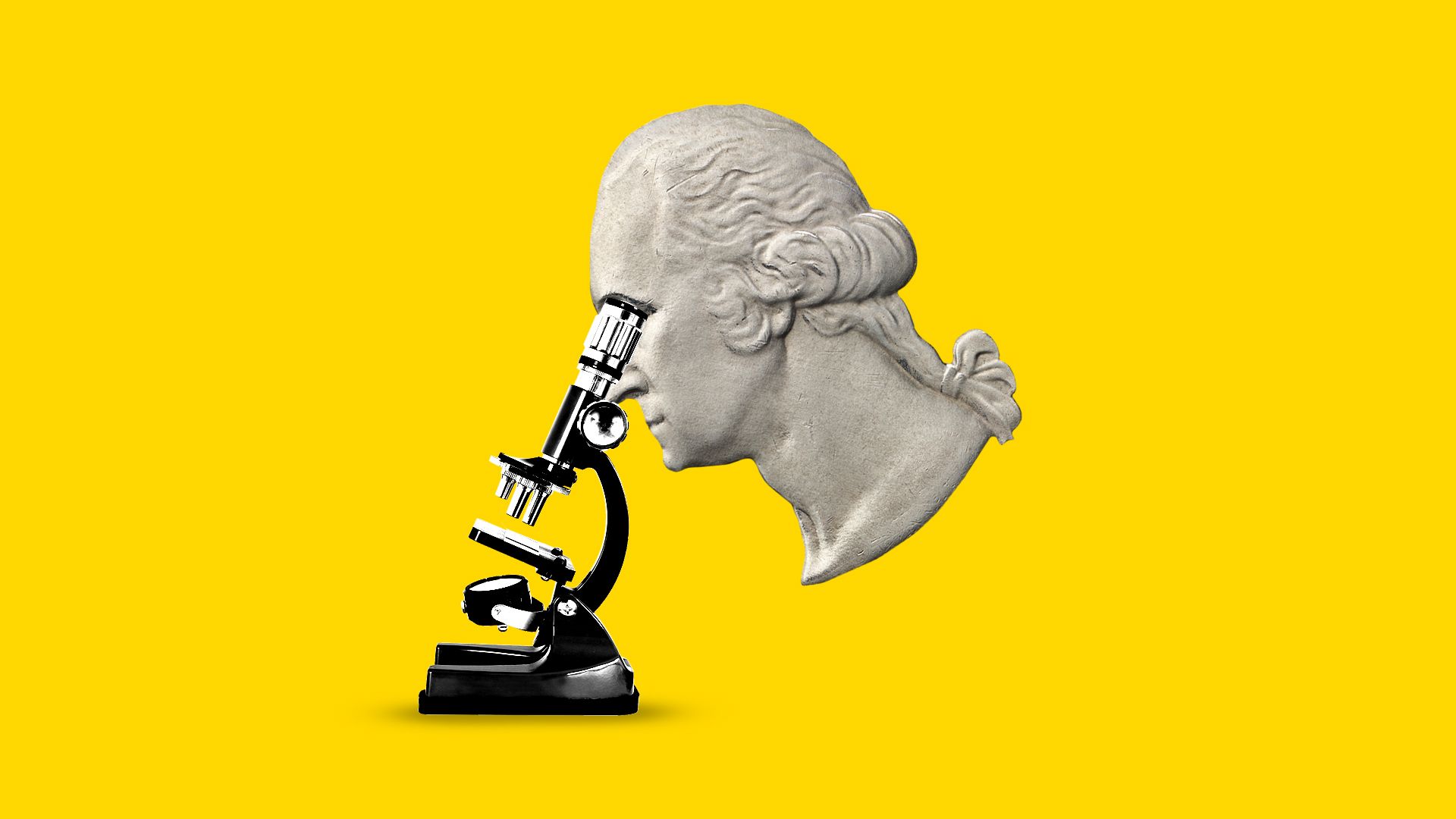 Illustration of George Washington from a quarter looking into a microscope 