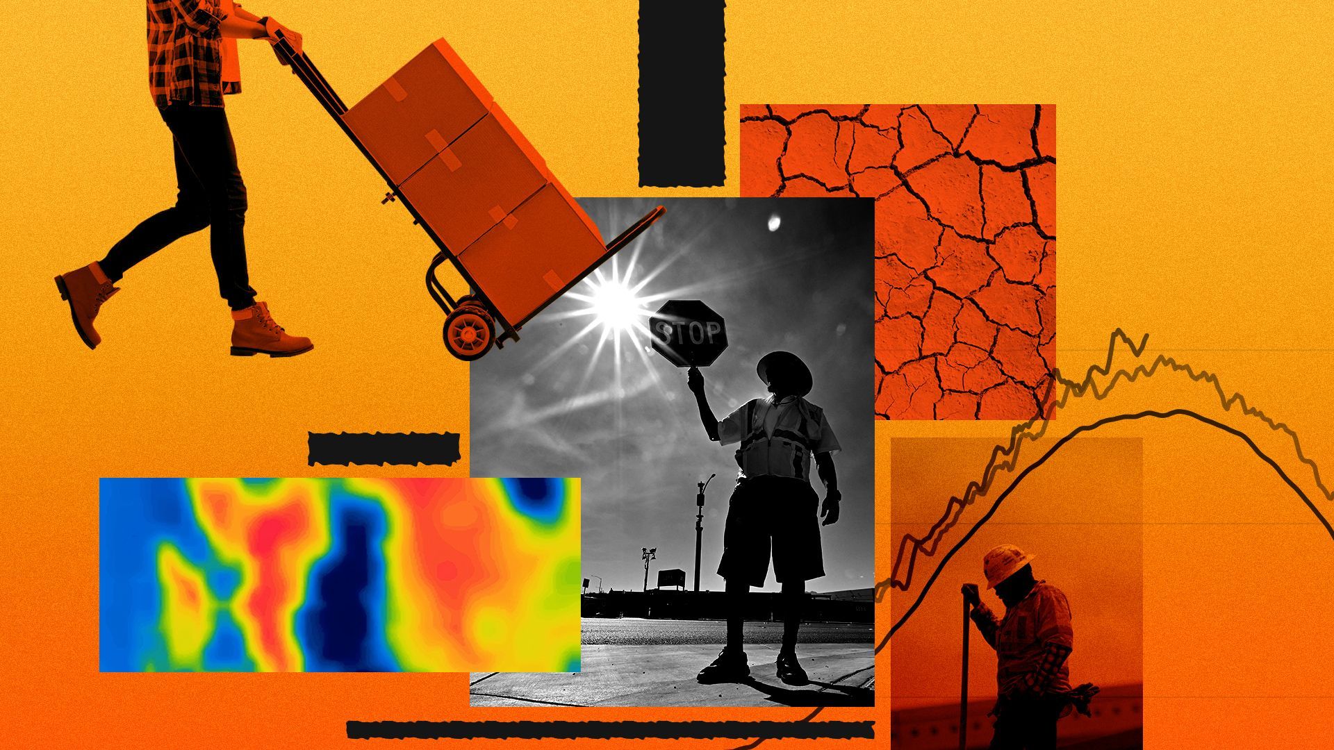 Photo illustration of workers outside in the heat, surrounded by abstract shapes distorted by heat, heat map images, and an upward trending temperature chart. 