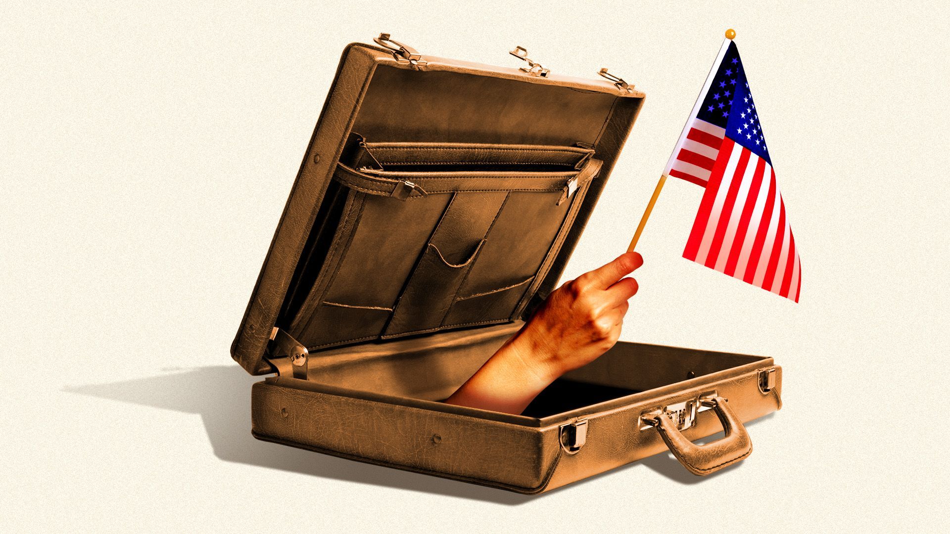 Illustration of a hand waving an American flag emerging from a briefcase