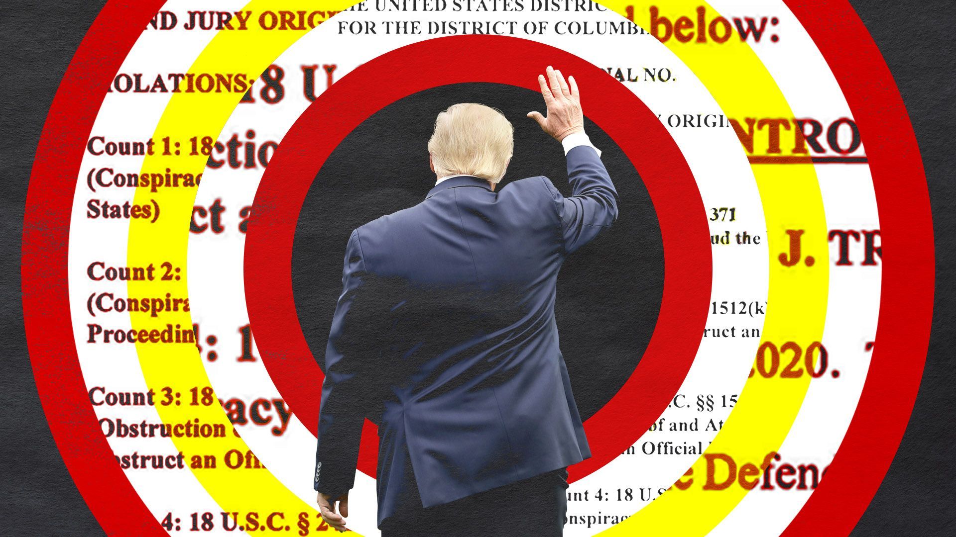 Photo Illustration of Donald Trump walking toward concentric circles layered with court document text