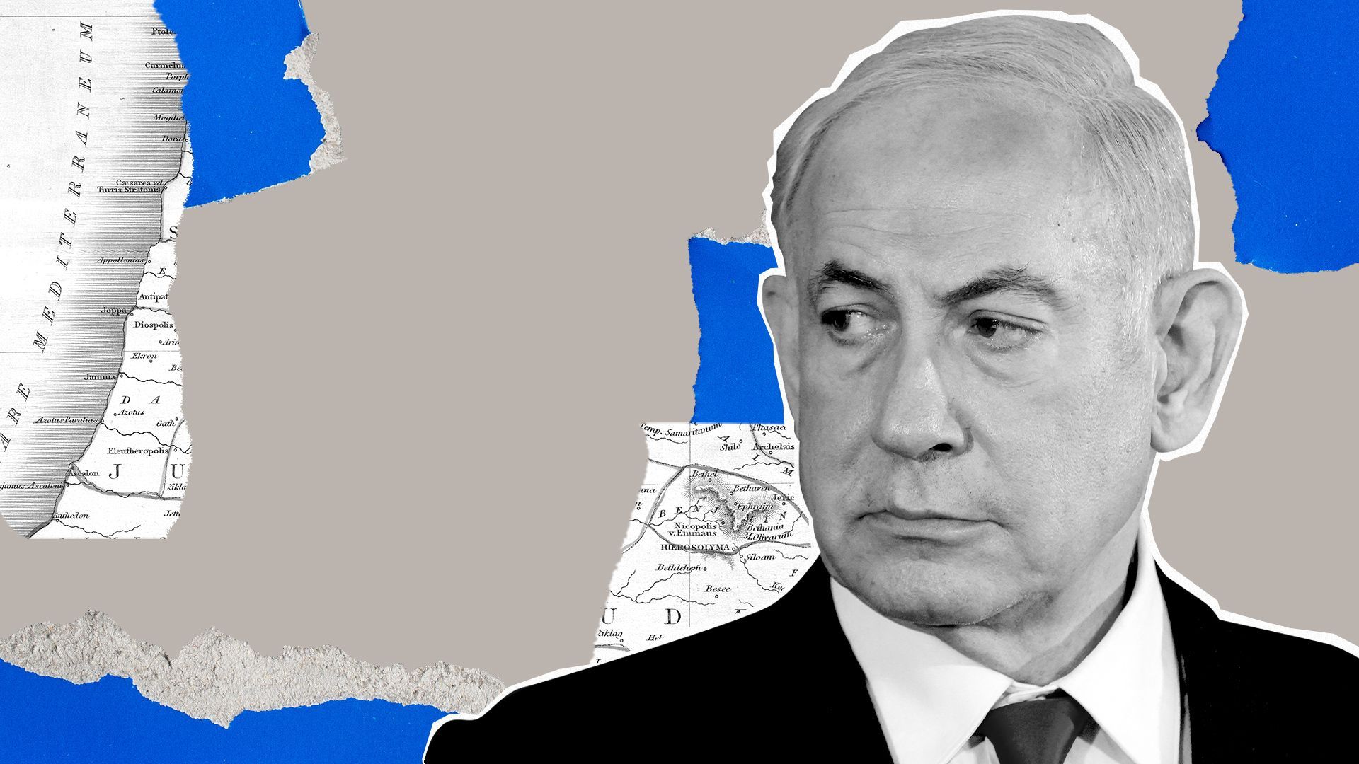 Photo illustration of Benjamin Netanyahu surrounded by torn pieces of blue paper, and torn pieces of a map. 