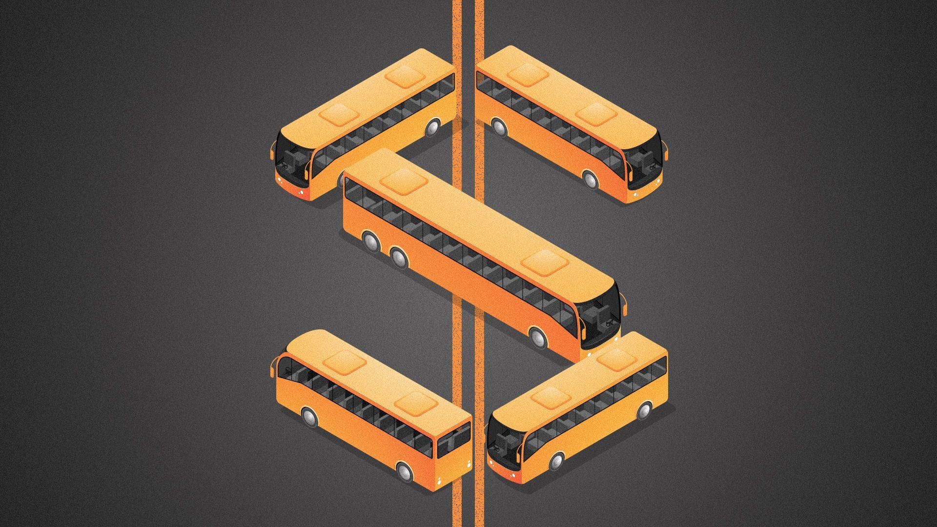 Illustration of a dollar sign made out of buses with the centerline made from the double yellow lines on a road.  