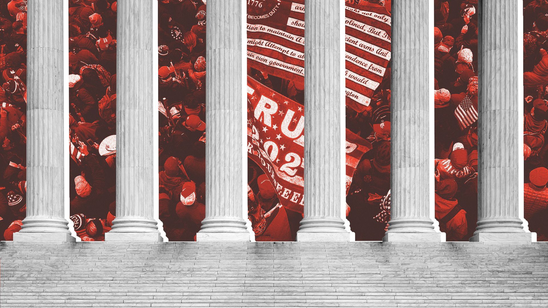 Photo illustration of the front steps and columns of the Supreme Court building juxtaposed with an aerial show of a crowd at the January 6th Insurrection, seen in the spaces between the pillars of the building.