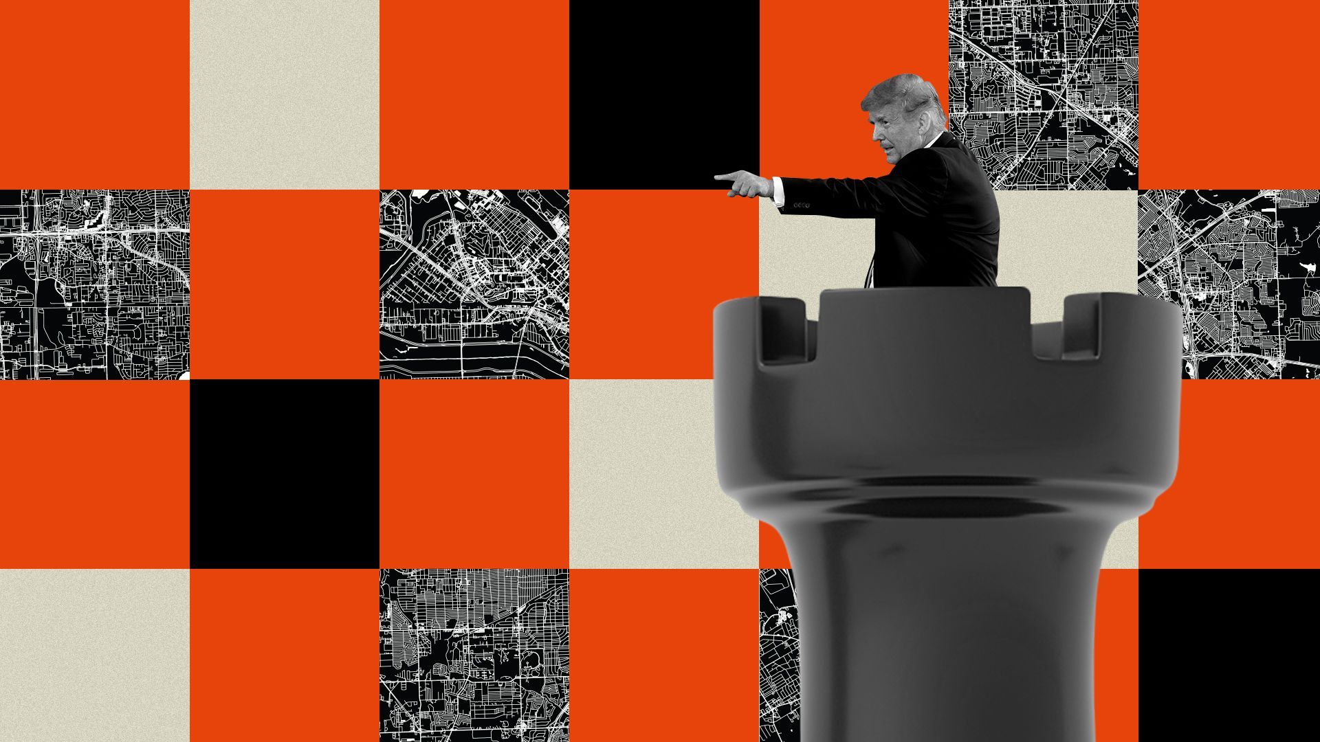Photo illustration of Donald Trump pointing from atop a chess rook piece, against a chessboard background with some of the squares showing city maps. 