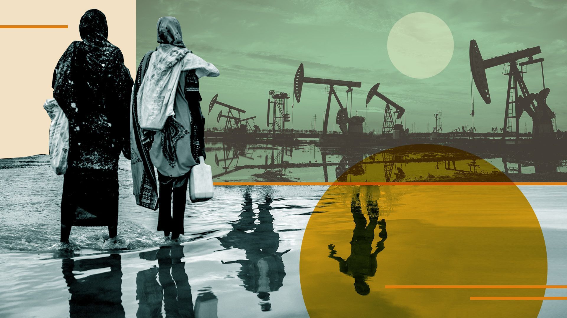 Photo illustration of two people standing in water, a field of oil rigs and abstract shapes.