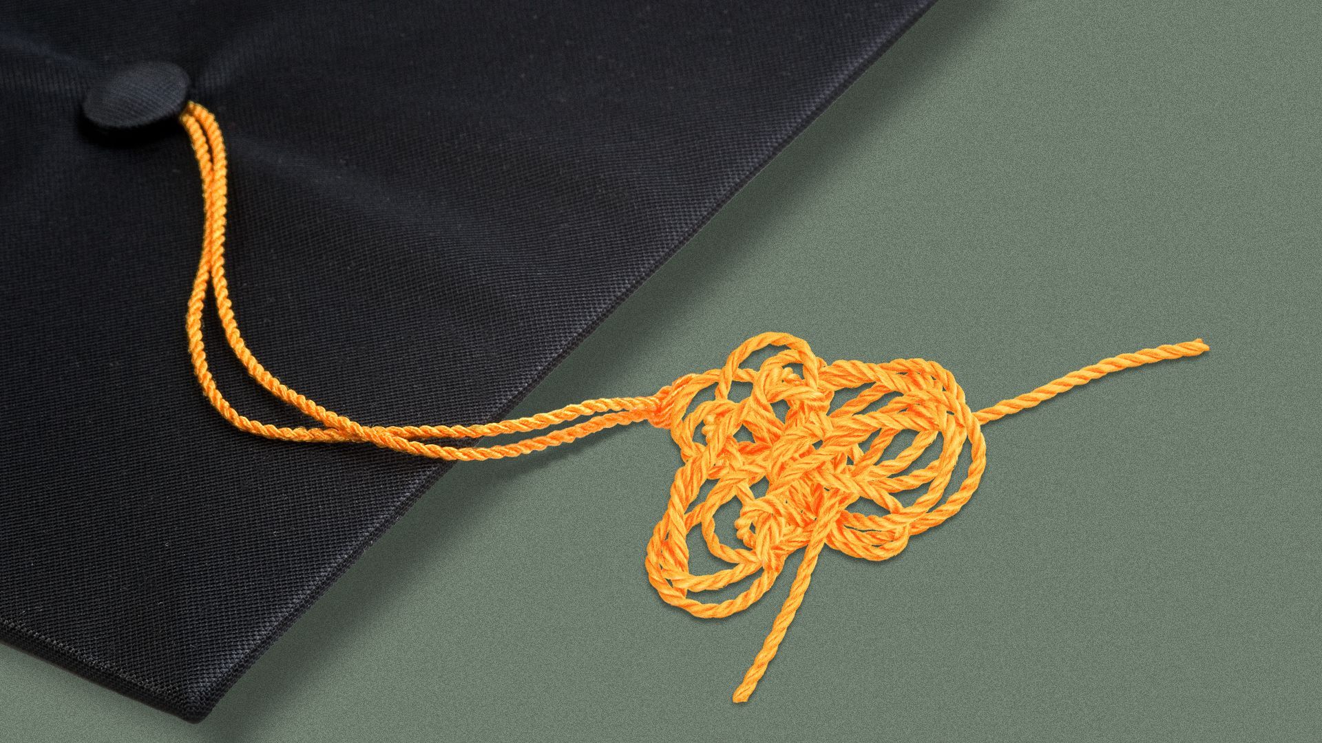 Illustration of a tangled tassel hanging from a graduation cap. 