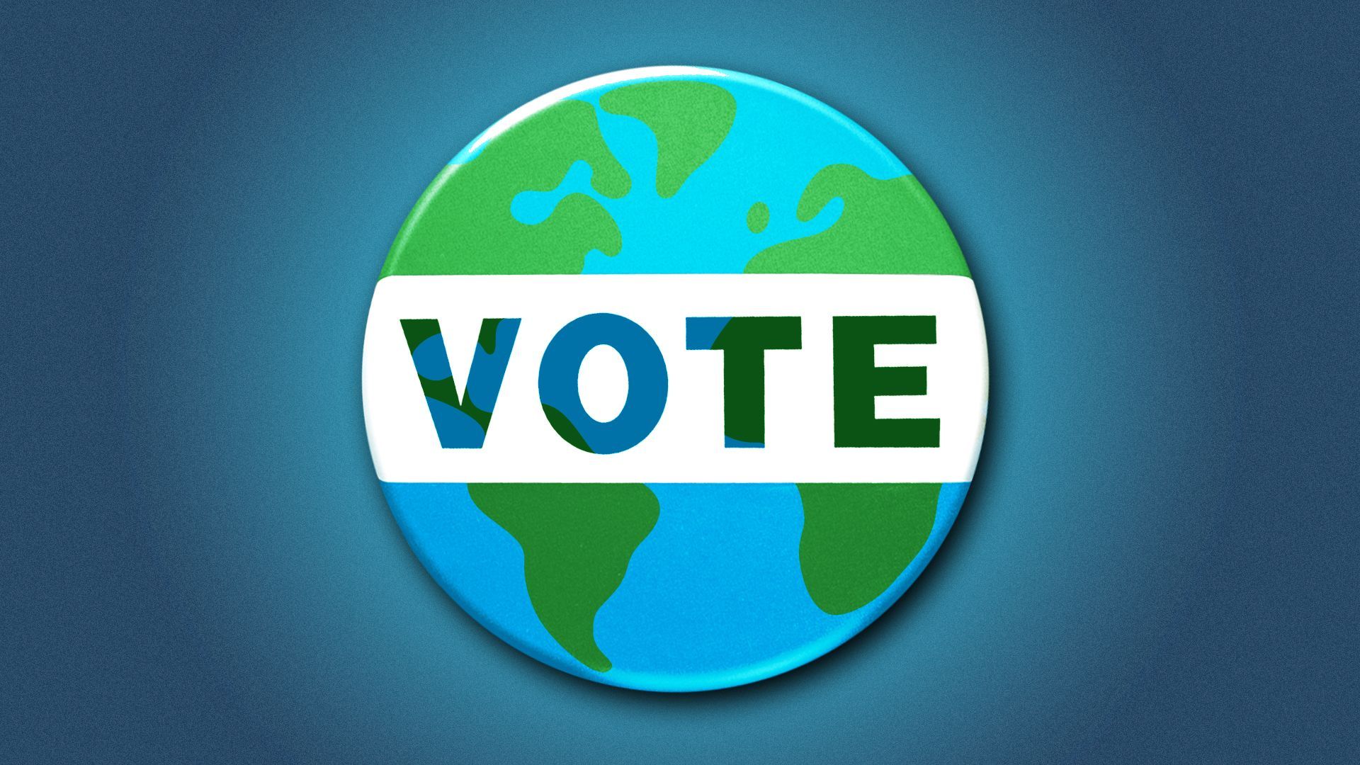Illustration of a VOTE pin with the red and blue semicircles filled with an Earth image.