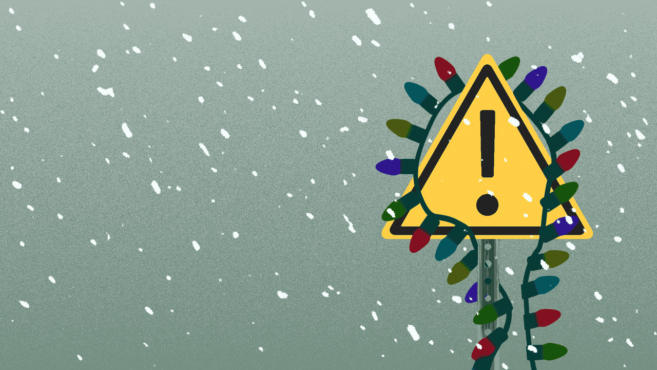 Animated illustration of blinking holiday lights wrapped around a caution road sign, with snow falling around it.