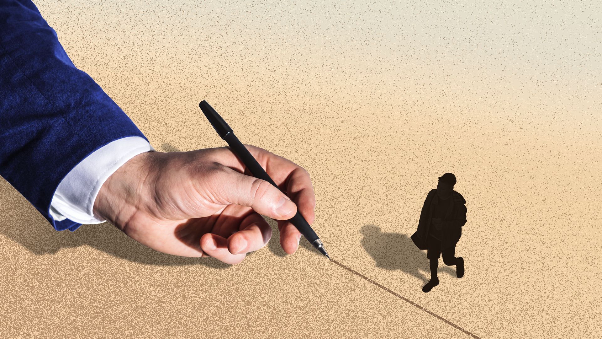 Illustration of a hand in a suit with pen drawing a line on the ground in front of small person walking