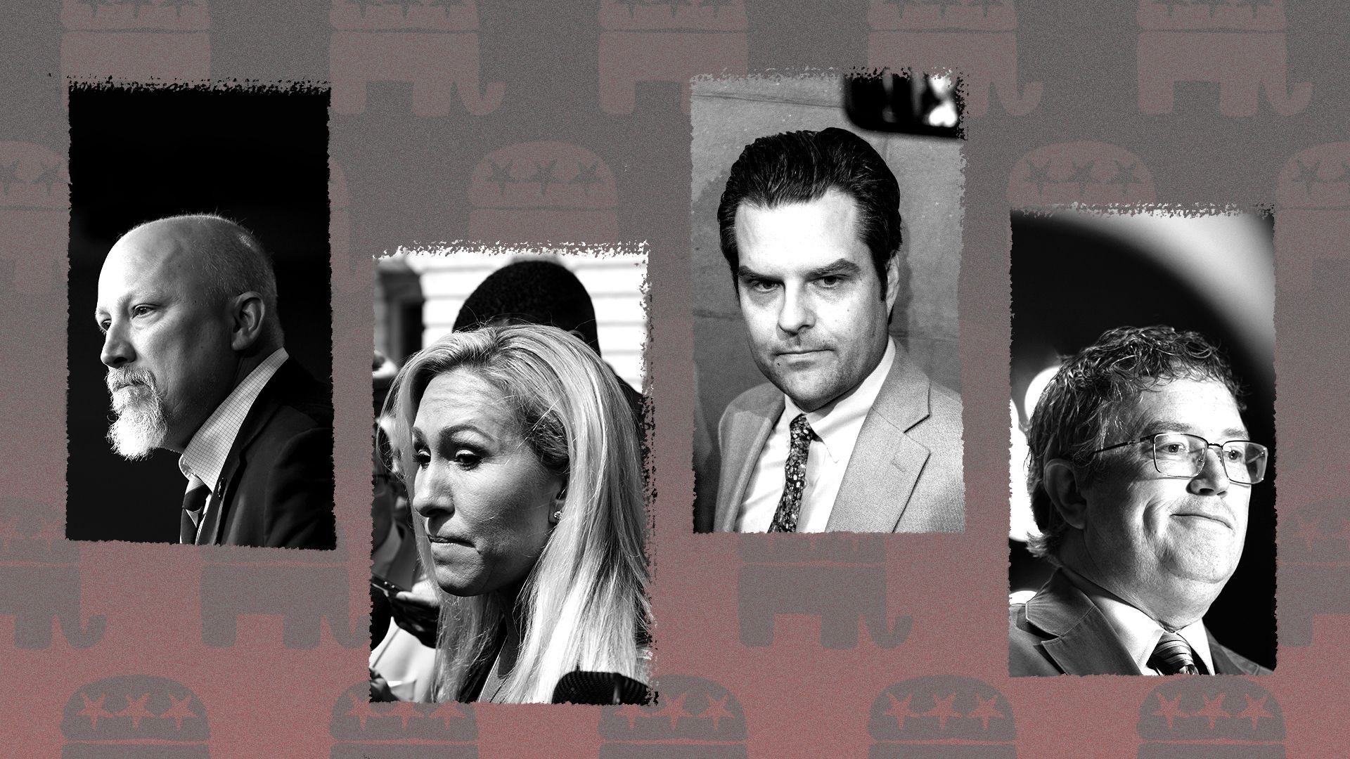 Photo illustration of a collage of Chip Roy, Marjorie Taylor Greene, Matt Gaetz and Thomas Massie over a pattern of distressed Republican logos.
