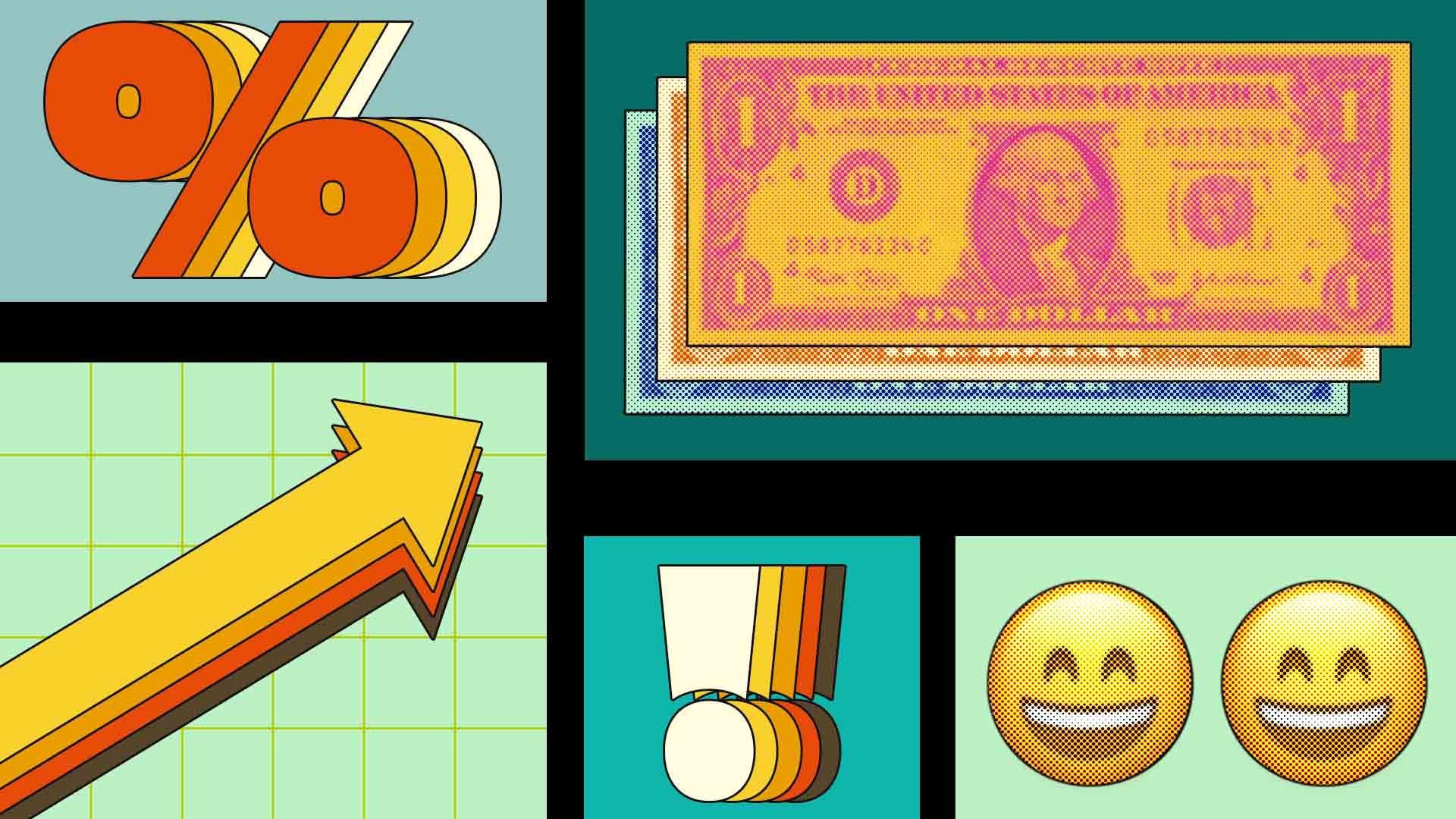 Illustration of dollar bills, upward trending arrows, percent signs, and happy emoji faces 