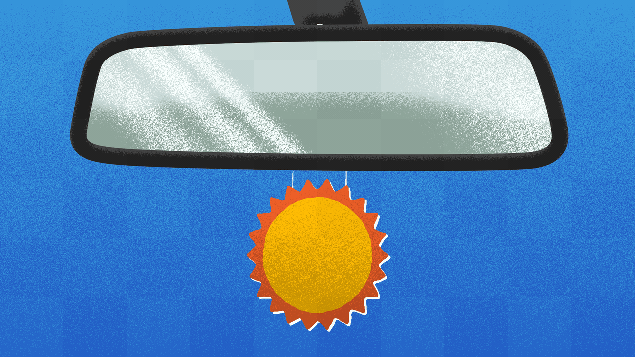 Animated illustration of an air freshener in the shape of a sun being eclipsed hanging off a rear-view mirror.