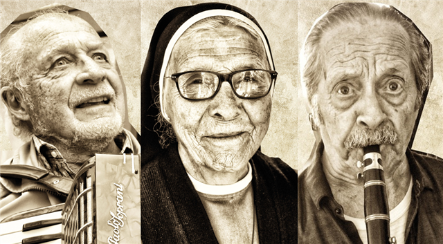 Imagens de dois homens e uma mulher idosos, sendo migrantes italianos