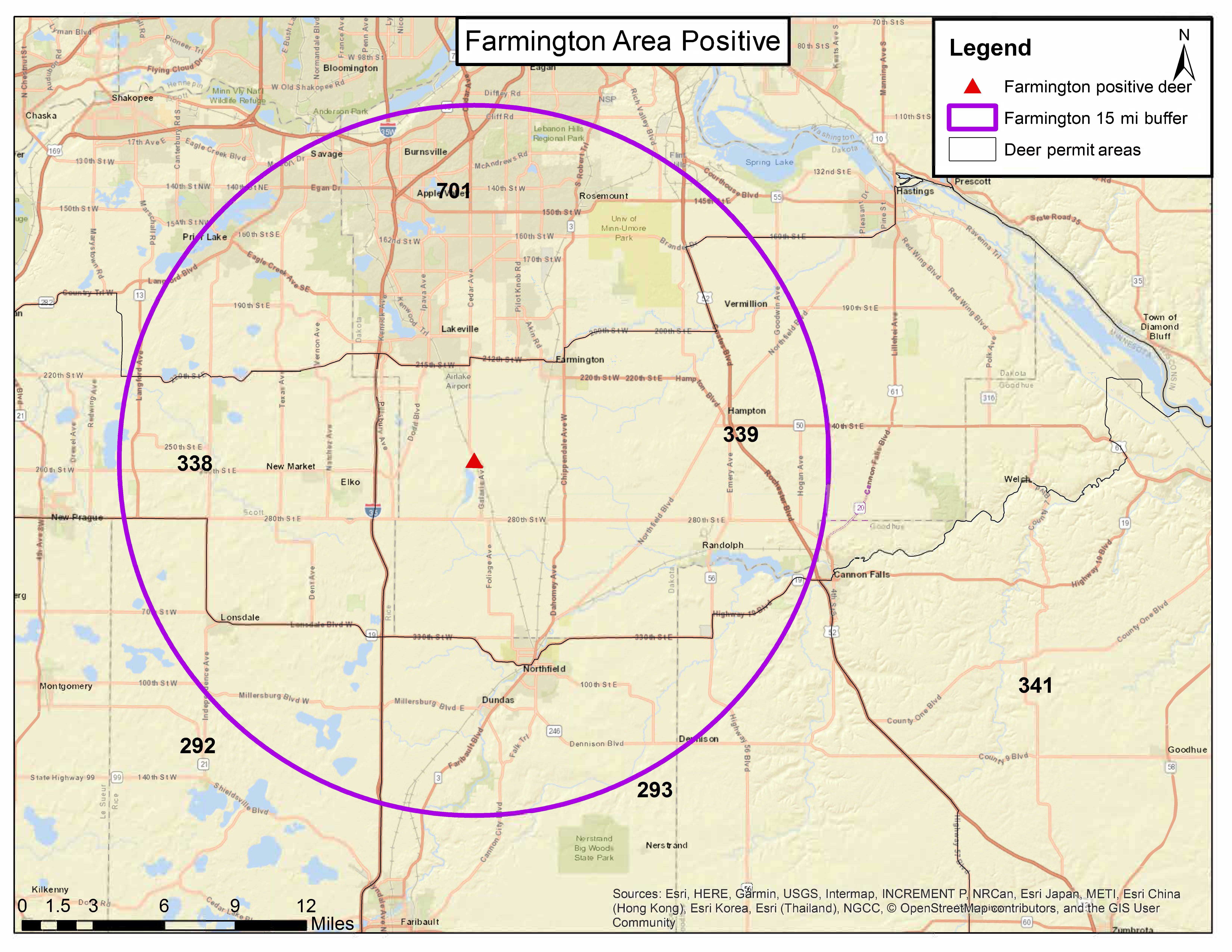 Map of CWD discovery near Farmington with 15 mile radius drawn around positive