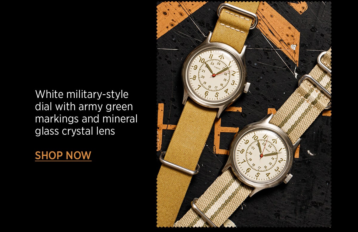 White military-style dial with army green markings and mineral glass crystal lens | SHOP NOW