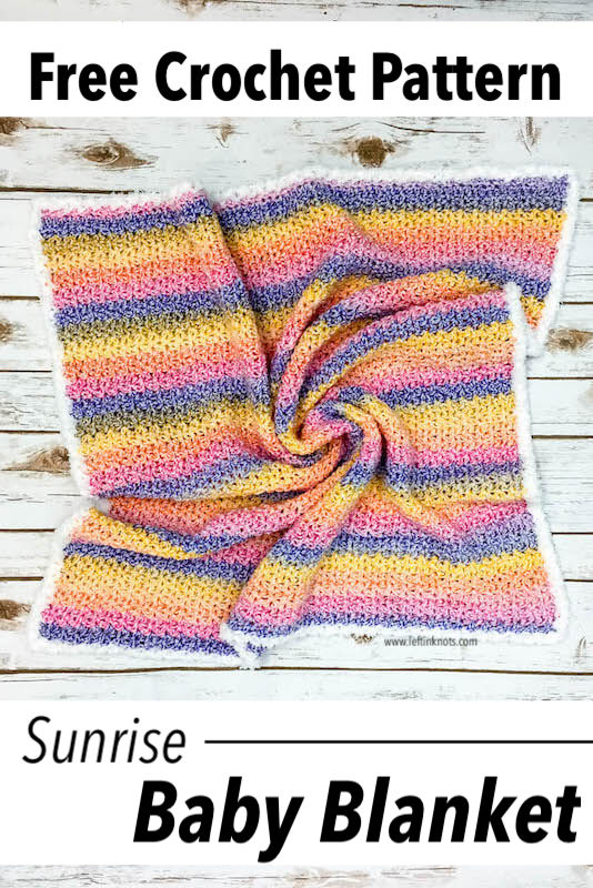 This crochet blanket is perfect for a fast and easy baby blanket, but it can also be sized up to be a throw or afghan. Beautiful self-striping yarn combined with the lemon peel stitch make this blanket colorful with wonderful texture. This free crochet pattern is easy and suitable for beginners and experienced crocheters alike.