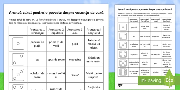 Aruncă zarurile pentru o poveste despre vacanța de vară Fișă de activitate
