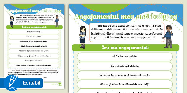Angajament anti bullying – Fișă de lucru