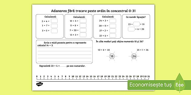 Adunarea în concentrul 0-31 fără trecere peste ordin – Fișă de lucru