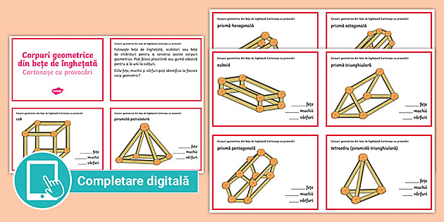 Corpuri geometrice din bețe de înghețată - Cartonașe cu provocări cu completare digitală