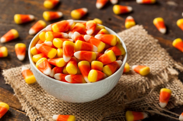 A bowl full of candy corn