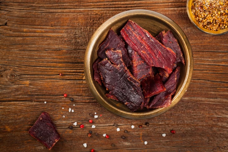 A bowl of beef jerky
