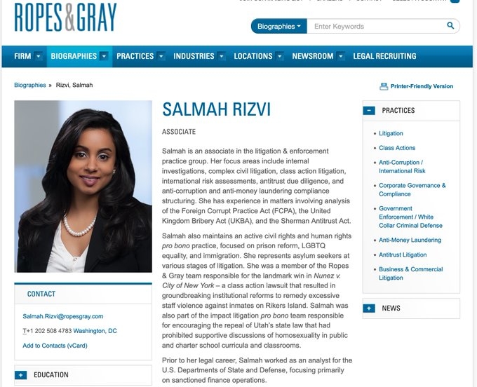 Salmah Rizvi có thân thế bất thường và phức tạp. Trước khi trở thành luật sư, cô đã làm việc trong cộng đồng tình báo của chính quyền Obama