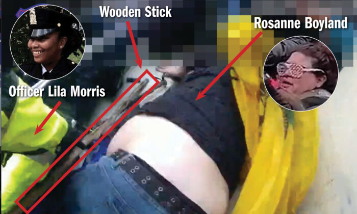 Video still from bodycam footage showing Officer Lila Morris picking up a wooden stick that she uses to beat Rosanne Boyland. (Metropolitan Police Department/Graphic by The Epoch Times)