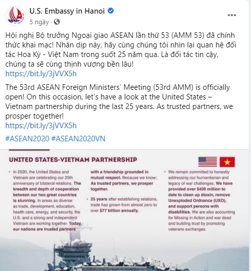 Đại sứ quán Mỹ đăng ảnh bản đồ Việt Nam gồm Hoàng Sa và Trường Sa