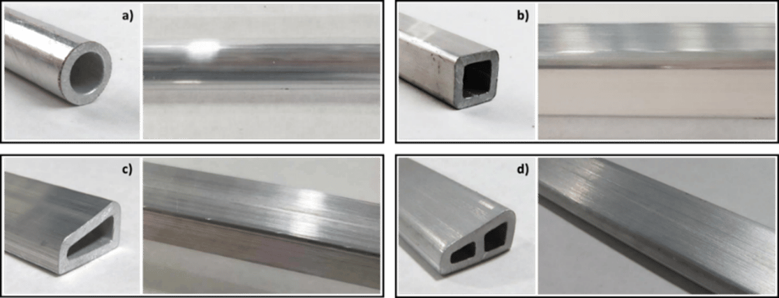 Extrusions made from AA6063 industrial scrap by ShAPE producing (a) circular, (b) square, (c) trapezoidal, and (d) two-cell trapezoidal profiles. (Image courtesy Scott Whalen | Pacific Northwest National Laboratory)